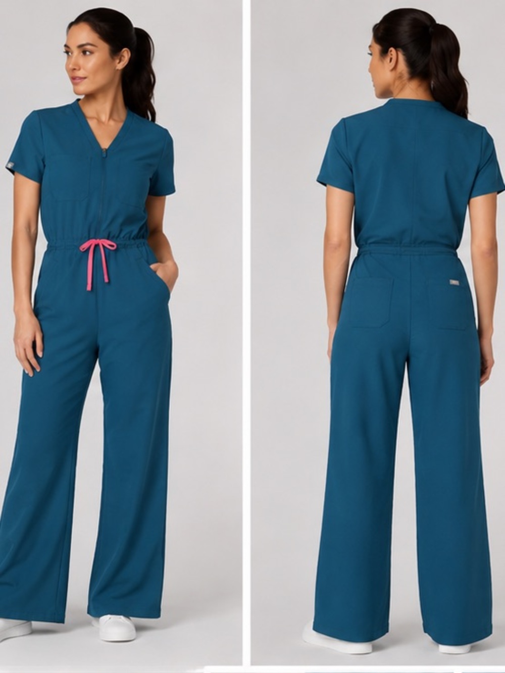 Figs scrubs jumpsuit Teal Women’s Medical Utility with Pink Drawstring